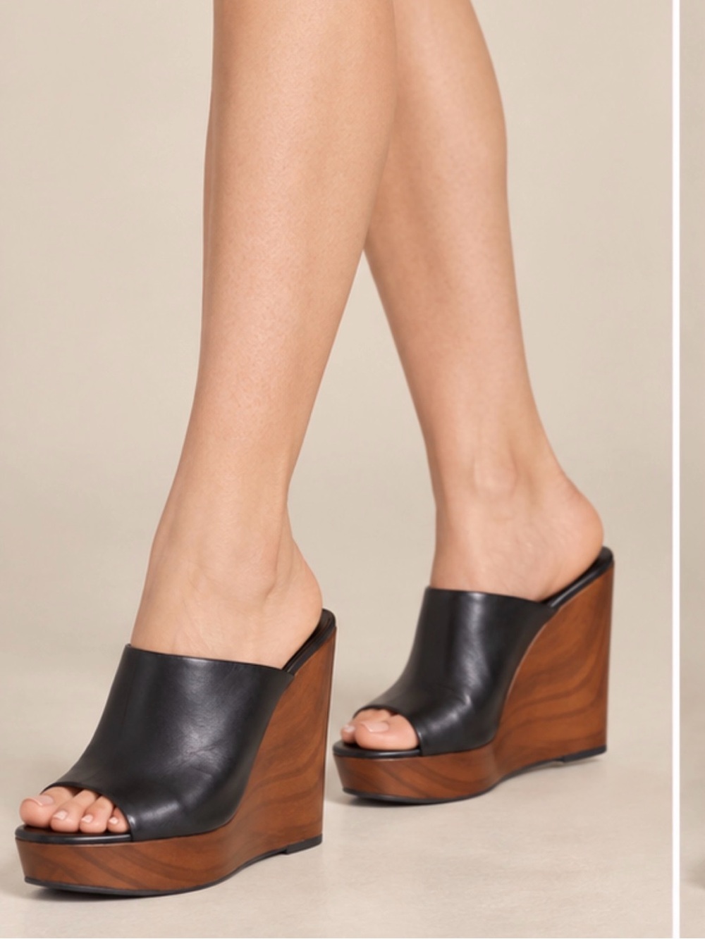 Jessica Simpson Black Leather Open-Toe Wood Wedge Mules